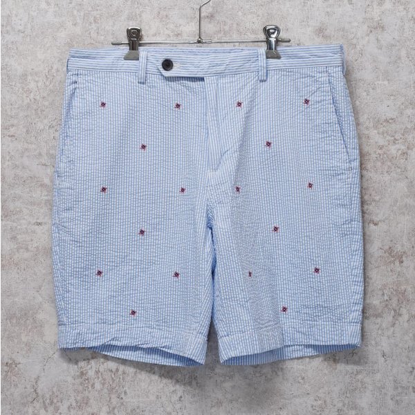 画像1: ビンテージ【ブルックスブラザーズ】【Brooks Brothers】白×水色【ストライプ】【シアサッカーパンツ】刺繍入り【ショーツ】半ズボン【短パン】【W34】 