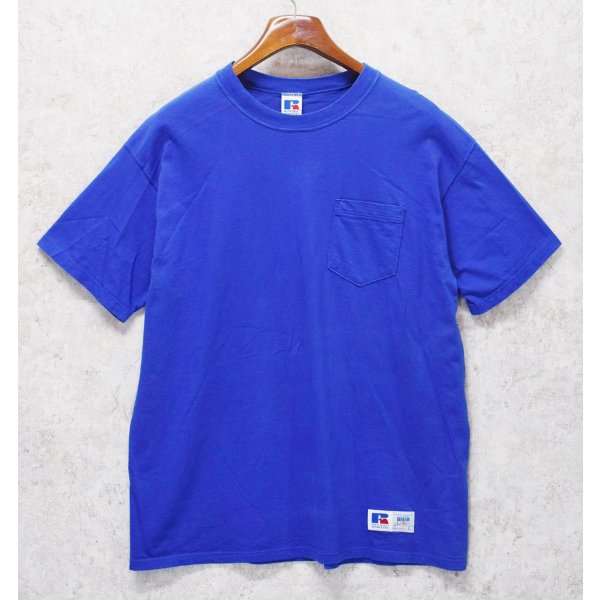 画像1: 90’s【USA製】【Russell】【ラッセル】ブルー【青】無地【コットン】ポケット付き【Tシャツ】【サイズL】 
