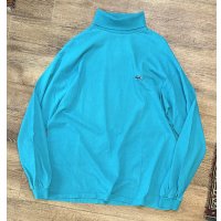 ~90's USA製【ラコステ】【LACOSTE IZOD】アイゾッド 胸刺繍ロゴ【エメラルドブルー】【タートルネックロンT】【サイズL】 