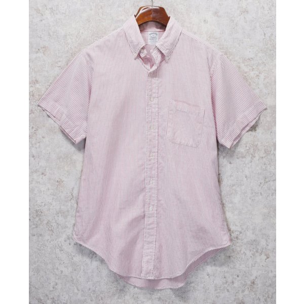 画像1: 90's 【USA製】【ビンテージ】【ブルックスブラザーズ】Brooks Brothers【白×赤ストライプ】スリムフィット【SLIM FIT】コットン【半袖シャツ】【ボタンダウンシャツ】【16】 