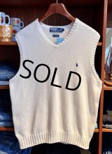 程度良好!! 90's~【ビンテージ】【ラルフローレン】【生成り】Vネック【コットンニットベスト】胸ロゴ入り【サイズＬ】 