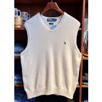 程度良好!! 90's~【ビンテージ】【ラルフローレン】【生成り】Vネック【コットンニットベスト】胸ロゴ入り【サイズＬ】 