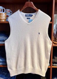 程度良好!! 90's~【ビンテージ】【ラルフローレン】【生成り】Vネック【コットンニットベスト】胸ロゴ入り【サイズＬ】 