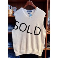 程度良好!! 90's~【ビンテージ】【ラルフローレン】【生成り】Vネック【コットンニットベスト】胸ロゴ入り【サイズＬ】 