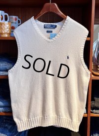 程度良好!! 90's~【ビンテージ】【ラルフローレン】【生成り】Vネック【コットンニットベスト】胸ロゴ入り【サイズＬ】 