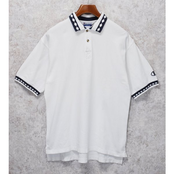 画像1: 【ビンテージ】【champion】チャンピオン【白×紺ひし形】コットン【ポロシャツ】【サイズL】 