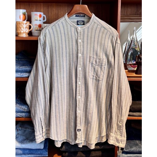 画像1: 90's【ビンテージ】【DOCKERS】ドッカーズ【チェック柄】バンドカラー【水色】立ち襟【コットンシャツ】【サイズＬ】 