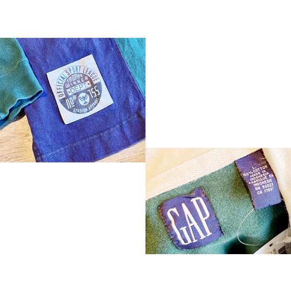 画像2: 90's ビンテージ【オールドGAP】【緑×紺】【無地切り返し】【４８】【ボーダー柄 】【ラガーシャツ】【サイズL】 