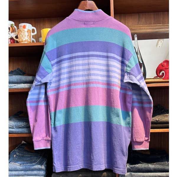 画像3: 80's【USA製】ビンテージ【L.L.Bean】LLビーン【紫系×緑】マルチボーダー【ボタン付きモックネック】ロンT【サイズL】 
