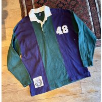 90's ビンテージ【オールドGAP】【緑×紺】【無地切り返し】【４８】【ボーダー柄 】【ラガーシャツ】【サイズL】 