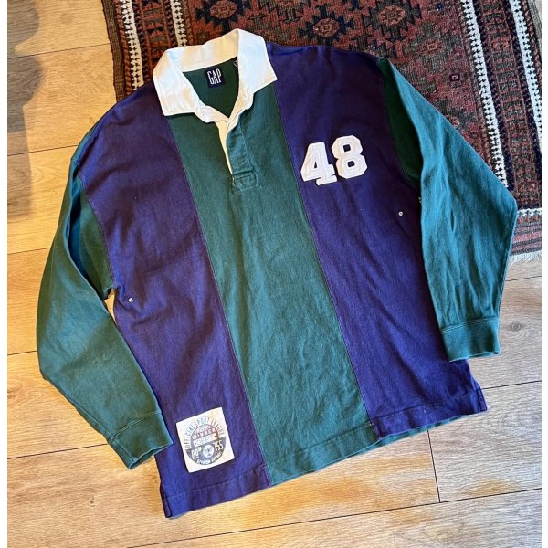 画像1: 90's ビンテージ【オールドGAP】【緑×紺】【無地切り返し】【４８】【ボーダー柄 】【ラガーシャツ】【サイズL】 