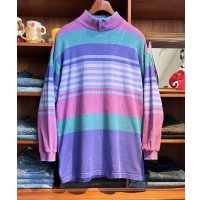 80's【USA製】ビンテージ【L.L.Bean】LLビーン【紫系×緑】マルチボーダー【ボタン付きモックネック】ロンT【サイズL】 