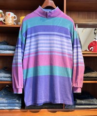 80's【USA製】ビンテージ【L.L.Bean】LLビーン【紫系×緑】マルチボーダー【ボタン付きモックネック】ロンT【サイズL】 