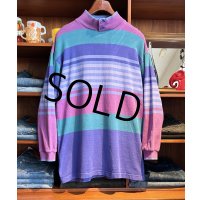 80's【USA製】ビンテージ【L.L.Bean】LLビーン【紫系×緑】マルチボーダー【ボタン付きモックネック】ロンT【サイズL】 