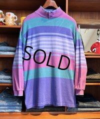 80's【USA製】ビンテージ【L.L.Bean】LLビーン【紫系×緑】マルチボーダー【ボタン付きモックネック】ロンT【サイズL】 
