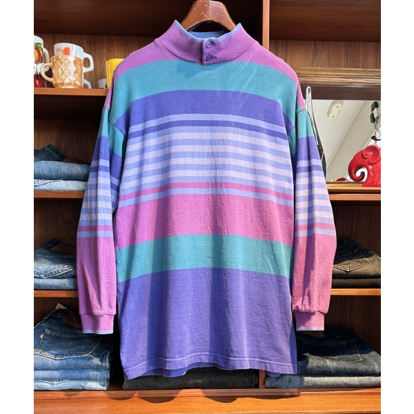 画像1: 80's【USA製】ビンテージ【L.L.Bean】LLビーン【紫系×緑】マルチボーダー【ボタン付きモックネック】ロンT【サイズL】 
