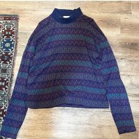 90’s USA製【EMS】Eastern Mountain Sports【ネイティブ風総柄】紫ｘ紺【ハイネック 】【Ｔシャツ】【サイズL】 