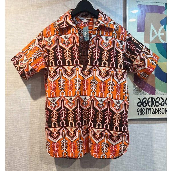 画像1: 【デッドストック】70's【ビンテージ】【PURITAN】【オレンジ】総柄【アートモチーフ】【プルオーバー】【S/Sシャツ】【シャツジャケット】半袖シャツ【サイズM】 
