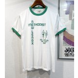  デッドストック 【未使用】80's【USA製】スクリーンスターズ【ビンテージ】【NEW LENOX METHODIST】白ｘ緑【リンガーTシャツ】【サイズＬ】 