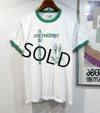  デッドストック 【未使用】80's【USA製】スクリーンスターズ【ビンテージ】【NEW LENOX METHODIST】白ｘ緑【リンガーTシャツ】【サイズＬ】 