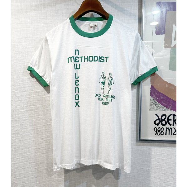 画像1:  デッドストック 【未使用】80's【USA製】スクリーンスターズ【ビンテージ】【NEW LENOX METHODIST】白ｘ緑【リンガーTシャツ】【サイズＬ】 