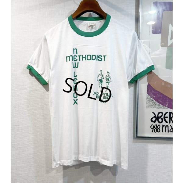 画像1:  デッドストック 【未使用】80's【USA製】スクリーンスターズ【ビンテージ】【NEW LENOX METHODIST】白ｘ緑【リンガーTシャツ】【サイズＬ】 