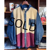 ビンテージ【ARIZONA】アリゾナ【青×ベージュ×エンジ】【コーデュロイ】切り返し【ロングスリーブシャツ】【ボタンダウンシャツ】【サイズL】 