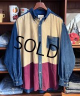 ビンテージ【ARIZONA】アリゾナ【青×ベージュ×エンジ】【コーデュロイ】切り返し【ロングスリーブシャツ】【ボタンダウンシャツ】【サイズL】 