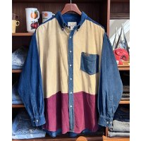 ビンテージ【ARIZONA】アリゾナ【青×ベージュ×エンジ】【コーデュロイ】切り返し【ロングスリーブシャツ】【ボタンダウンシャツ】【サイズL】 