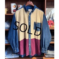 ビンテージ【ARIZONA】アリゾナ【青×ベージュ×エンジ】【コーデュロイ】切り返し【ロングスリーブシャツ】【ボタンダウンシャツ】【サイズL】 