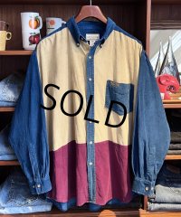 ビンテージ【ARIZONA】アリゾナ【青×ベージュ×エンジ】【コーデュロイ】切り返し【ロングスリーブシャツ】【ボタンダウンシャツ】【サイズL】 