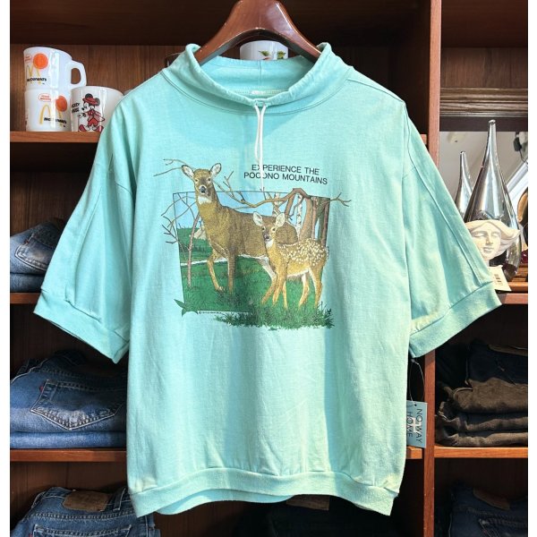 画像1: 90's〜【EXPERIENCE THE POCOND MOUNTAINS】ポコノマウンテン【ライムグリーン】【鹿】ハイネック【半袖Tシャツ】【サイズＬ程度】 