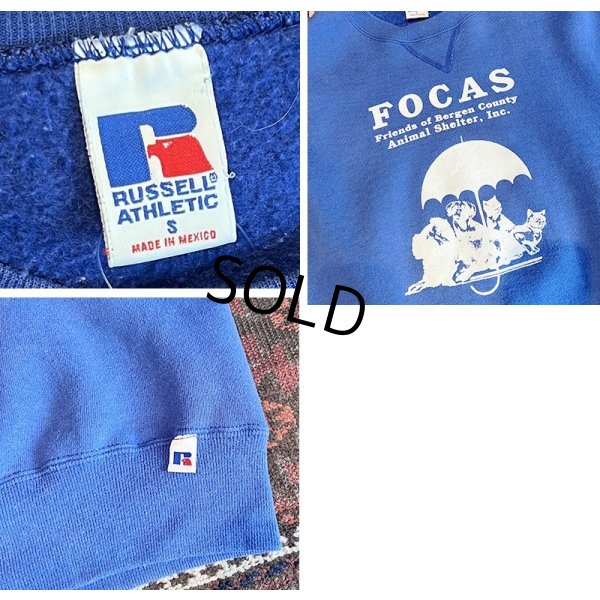 画像2: 90's~ 【ビンテージ】【RUSSELL】ラッセル 【青】ブルー【FOCAS】傘と動物【クルーネック】前V スウェット【サイズS】 
