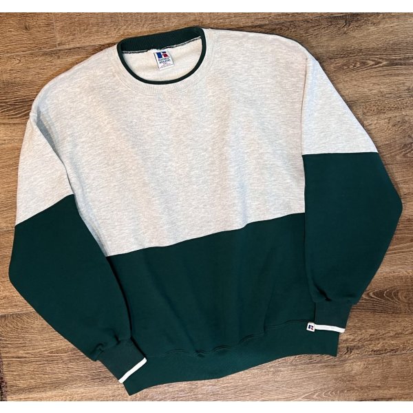 画像1: ほぼ未使用 90's~【USA製】【RUSSELL】ラッセル 【ビンテージ】【グレー×緑】切替【無地】【前V】スウェット【サイズXXL】 