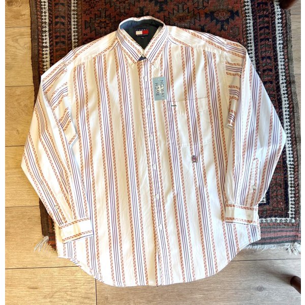 画像1: ビンテージ【TOMMY HILFIGER】トミーヒルフィガー【クリームｘ紫ｘ黄】ストライプ【ボタンダウンシャツ】【サイズＭ】 
