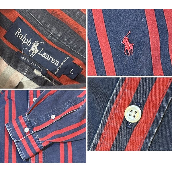画像2:  ビンテージ【POLO RALPH LAUREN】ラルフローレン【紺ｘ赤ストライプ】【コットンシャツ】サイズL 
