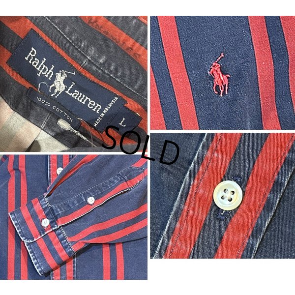 画像2:  ビンテージ【POLO RALPH LAUREN】ラルフローレン【紺ｘ赤ストライプ】【コットンシャツ】サイズL 