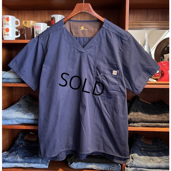 画像1: 【カーハート】ビンテージ【紺】リップストップ【メディカルユニフォーム】【ワークシャツ】ナースシャツ【半袖シャツ】【サイズＭ】  