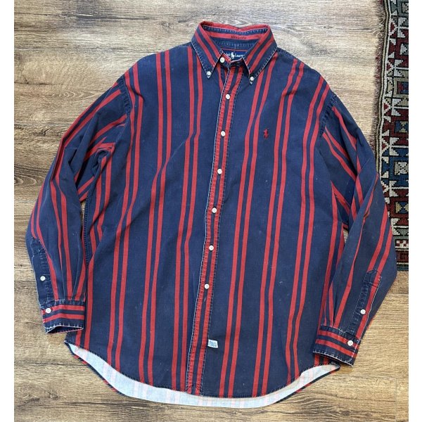 画像1:  ビンテージ【POLO RALPH LAUREN】ラルフローレン【紺ｘ赤ストライプ】【コットンシャツ】サイズL 