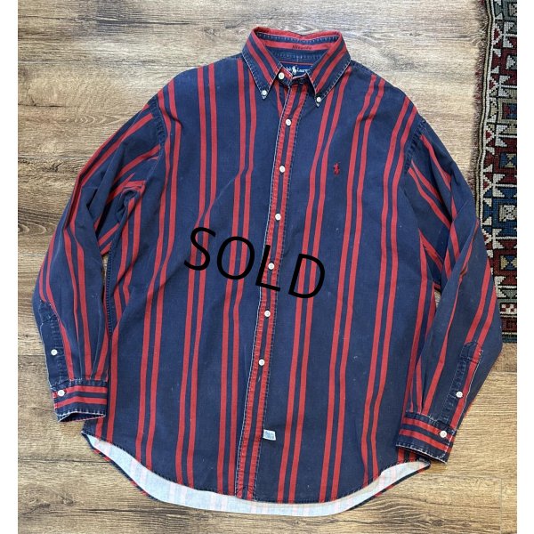 画像1:  ビンテージ【POLO RALPH LAUREN】ラルフローレン【紺ｘ赤ストライプ】【コットンシャツ】サイズL 