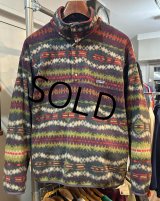 90s ビンテージ【パタゴニア】patagonia【雪無し】紫ｘ緑ｘエンジ【サカジャウィア柄】【スナップT】【フリースプルオーバー】【サイズＬ】 