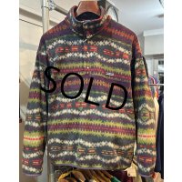 90s ビンテージ【パタゴニア】patagonia【雪無し】紫ｘ緑ｘエンジ【サカジャウィア柄】【スナップT】【フリースプルオーバー】【サイズＬ】 