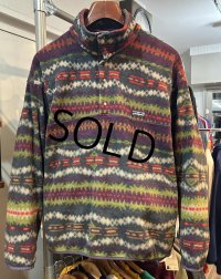 90s ビンテージ【パタゴニア】patagonia【雪無し】紫ｘ緑ｘエンジ【サカジャウィア柄】【スナップT】【フリースプルオーバー】【サイズＬ】 