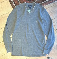 【ビンテージ】【PORO RALPH LAUREN】【ラルフローレン】ロンT チャコールｘ白ふちどり Vネック【サーマルロンT】【サイズL】 