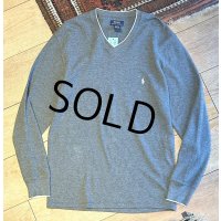 【ビンテージ】【PORO RALPH LAUREN】【ラルフローレン】ロンT チャコールｘ白ふちどり Vネック【サーマルロンT】【サイズL】 