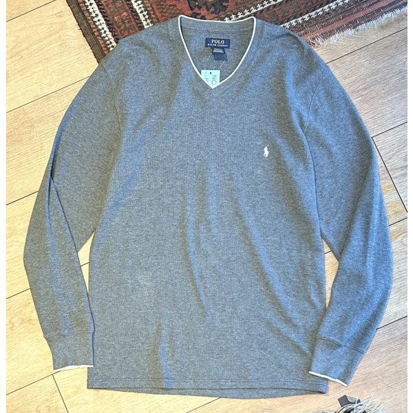 画像1: 【ビンテージ】【PORO RALPH LAUREN】【ラルフローレン】ロンT チャコールｘ白ふちどり Vネック【サーマルロンT】【サイズL】 