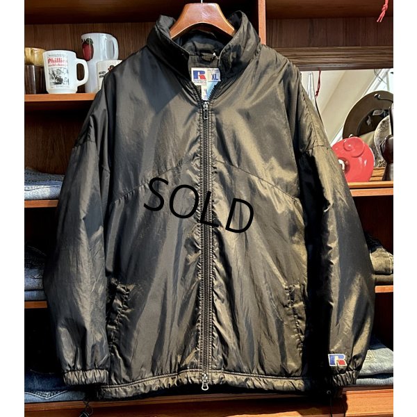画像1:  【ビンテージ】【RUSSELL】ラッセル フリース裏地 フード付き【黒】ナイロン フルジップジャケット【サイズXL】 