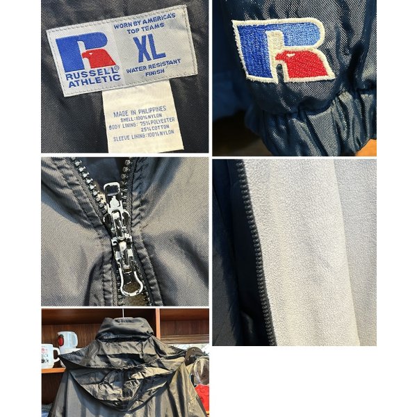 画像2:  【ビンテージ】【RUSSELL】ラッセル フリース裏地 フード付き【黒】ナイロン フルジップジャケット【サイズXL】 