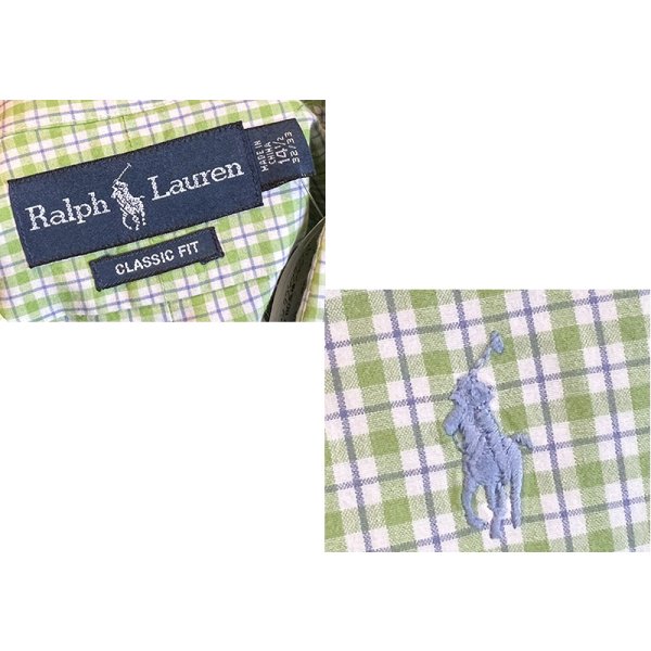 画像2: ビンテージ【ラルフローレン】POLO ralph lauren クラシックフィット 黄緑チェック ボタンダウン【コットンシャツ】【US 14 1/2】 