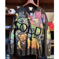 90's〜【USA製】ビンテージ【KOLORWAY】【動物】アニマル柄 ハンドペイント【Vネック】コットンセーター【サイズL】 